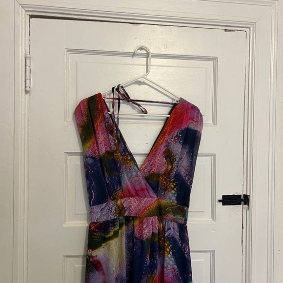 Dirty Ballerina v-neck maxi dress gemstone print red, pink, blue M - Picture 5 of 15